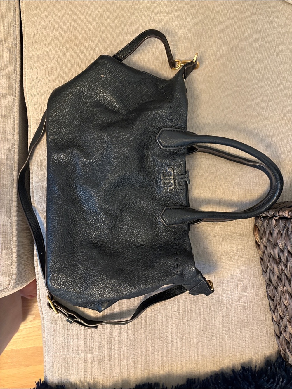 Tory Burch Black Pebbled Leather Tote with Shoulder Strap